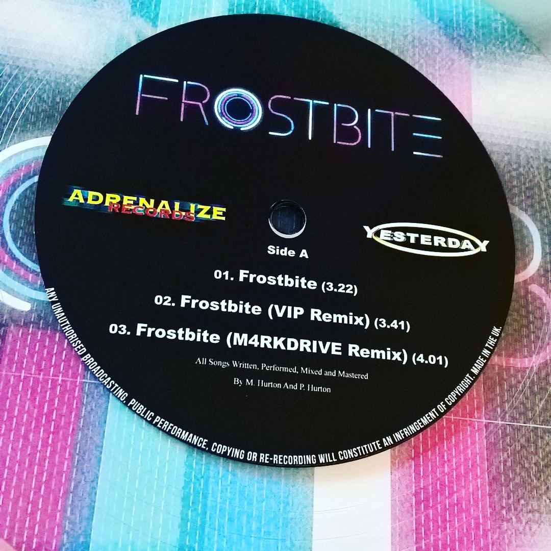 BandYesterday's tweet photo. Frostbite (+ Remixes) Vinyl!
6 tracks including remixes from @m4rkdrive and @DJFLASHPETERS It's super cool to see and hear our songs on clear vinyl! 
#vinyl #vinylgram #clearvinyl #recording #recordcover #remixes #synthwave #rockmusic #edm #electronic #frostbite #awesome #cutsy https://t.co/lxpsEfR9Ro