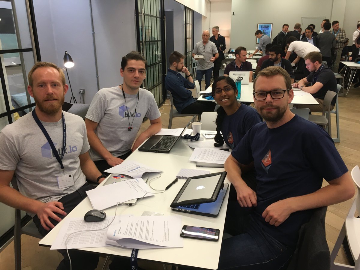 The team <a href="/blk_io/">blk.io</a> are ready to roll at the <a href="/Barclays/">Barclays Bank</a> #DerivHack2018 hackathon @ThinkRiseLDN. Representing <a href="/EntEthAlliance/">Enterprise Ethereum Alliance | eea.eth</a> and #Ethereum tech with our #Epirus platform built on #Quorum