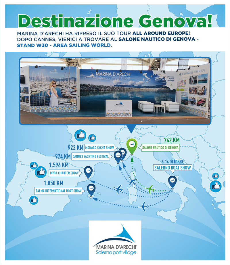 marinadarechi's tweet photo. Marina d'Arechi riprende il giro "All around Europe" per far conoscere tutte le novità del Port Village nelle principali fiere di settore della #nautica.
Da oggi fino a martedì siamo al #salonenautico di #Genova. Vi aspettiamo! https://t.co/6Q5gKDdUXs