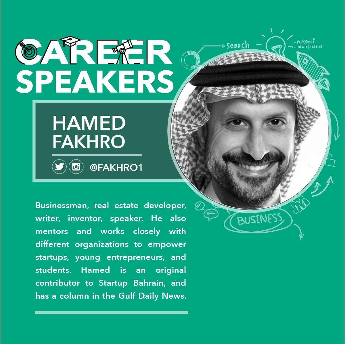 <a href="/CFABahrain/">CFA Society Bahrain</a> is pleased to announce one of our phenomenal #CareerDay Speakers; <a href="/fakhro1/">Hamed Fakhro</a> . Join us on November 3rd to hear his unique and inspiring experiences in the business world and his take on career progress and development!

#CareerDevelopment #business #careers #CFA