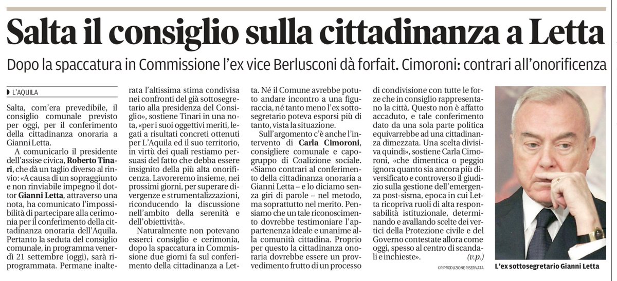LAquilaChiama's tweet photo. E' stato fondamentale negli ultimi nove anni far passare l'idea che non tutti erano allineati al modello emergenziale dei #Berlusconi, dei #Bertolaso e dei #Letta. E' stato giusto annullare una cerimonia che non sarebbe stata patrimonio della comunità aquilana. #LAquila https://t.co/9KIy5rLlKe