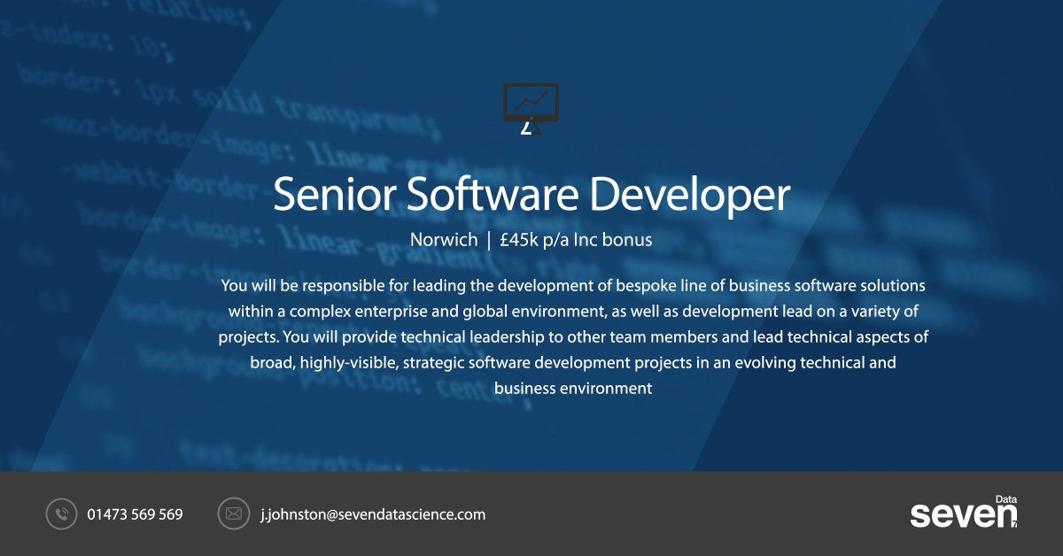 Seven_Data7's tweet image. Calling All Software Developers....

Is it time for your next challenge?

I have a great position in Norwich, Norfolk -UK. 

#data #softwaredevelopment #sevendatascience #softwareengineers