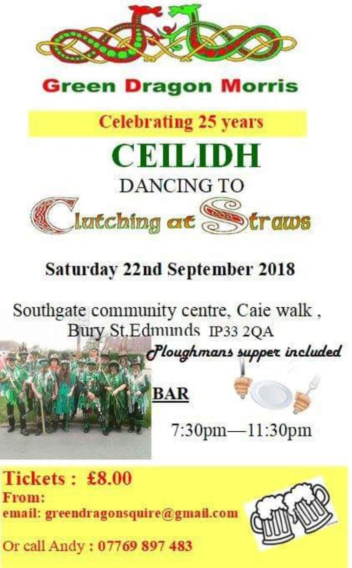 Only two more days before our 25th Anniversary ceilidh! Tickets are still available, £8 per person and children under 12 go free.

During the day you can find us and many other sides dancing out around Bury St Edmunds for our Day of Dance.