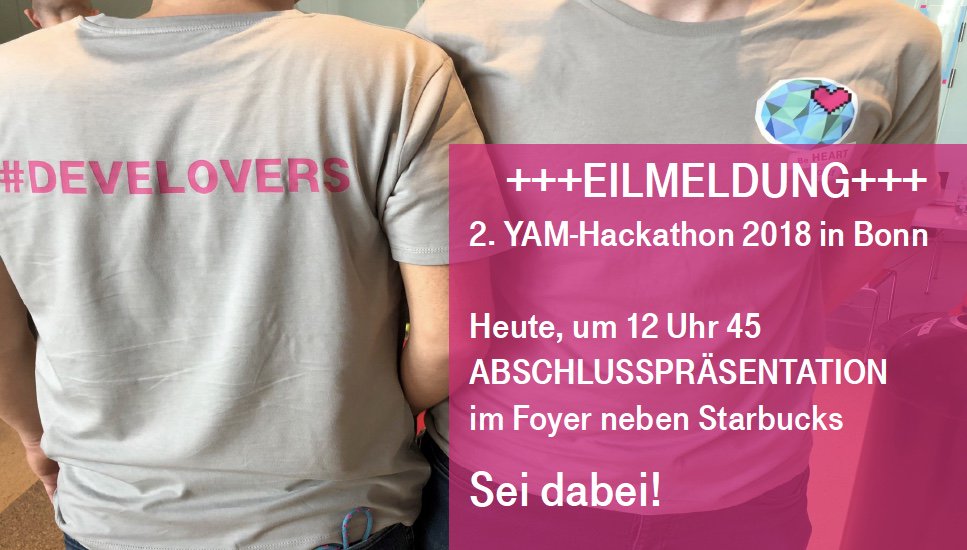 mia_colt's tweet photo. "Wie – wir kriegen kein #Megafon?" Na, vielleicht ja doch …
Sei bei der Abschlusspräsentation dabei und find's raus!
12:45 Uhr, Landgrabenweg, Foyer Neubau
#YAMHack #Hackathon #andersarbeiten https://t.co/YVyNv59Eqi