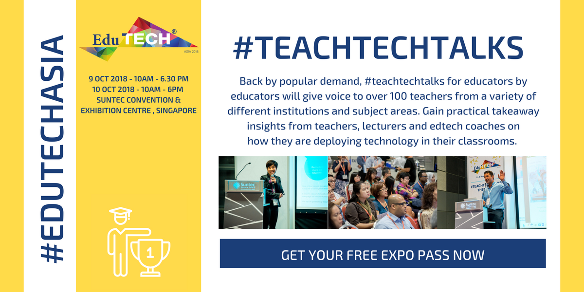 edutech_asia's tweet photo. Back by popular demand, #teachtechtalks will once again a voice to over 100 from teachers, lecturers and edtech coaches on how they are deploying technology in their classrooms. Register for your free #EduTECHAsia Expo Pass now: https://t.co/F1SWGLT2mu https://t.co/Qtc8oOWKuC