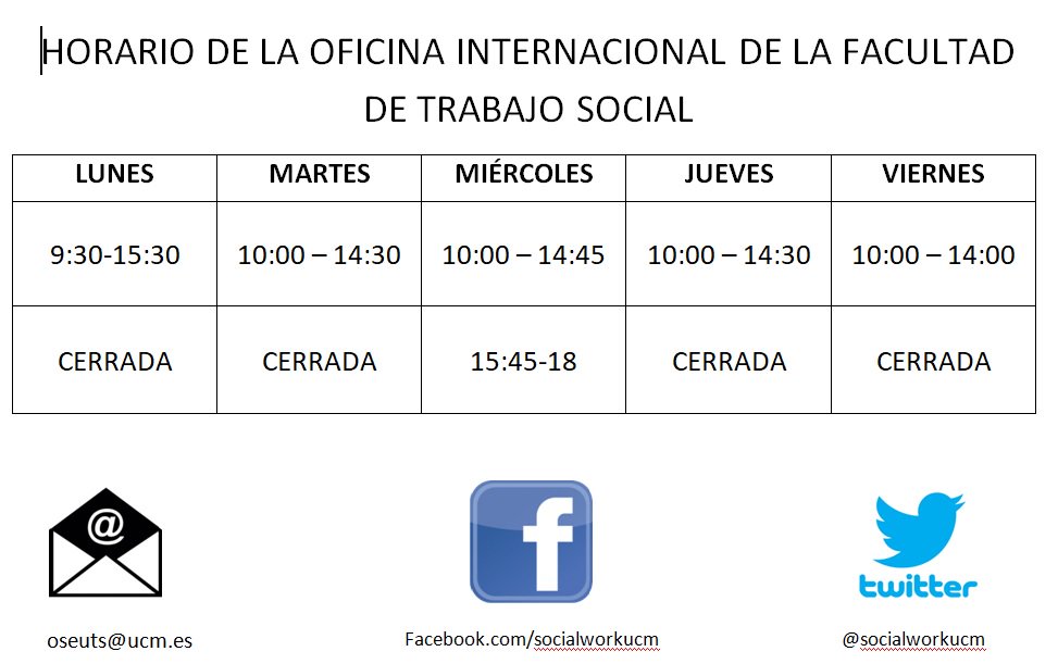 El horario de la Oficina. No dudéis en pasaros o mandarnos un correo a oseuts@ucm.es
Todos los días a partir de las 10:15 os atendemos.