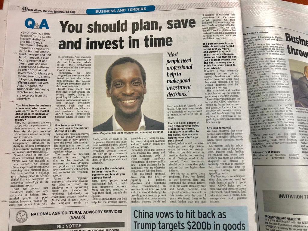 Get a copy of the @newvisionwire and read about how @XenoUganda is helping people plan,save and invest for their various financial goals. #goalbasedinvesting