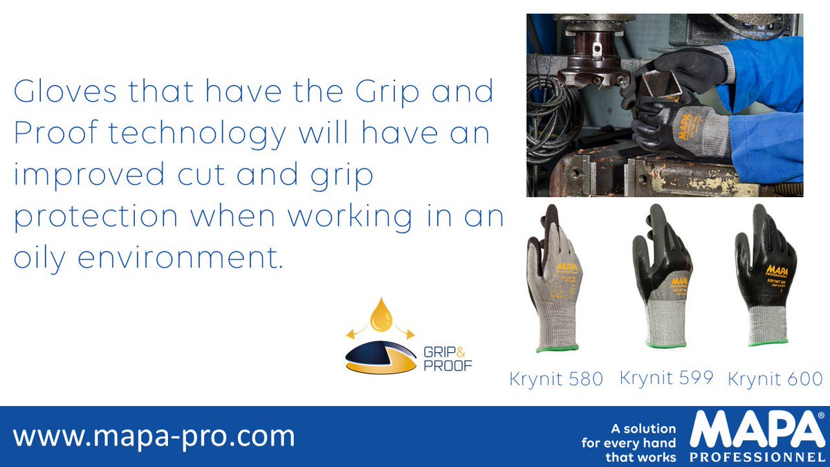 Gloves that have the Grip and Proof technology will have an improved cut and grip protection when working in an oily environment. More about this technology on mapa-pro.com #mapapro #safetyfirst #gripandproof #gloves
