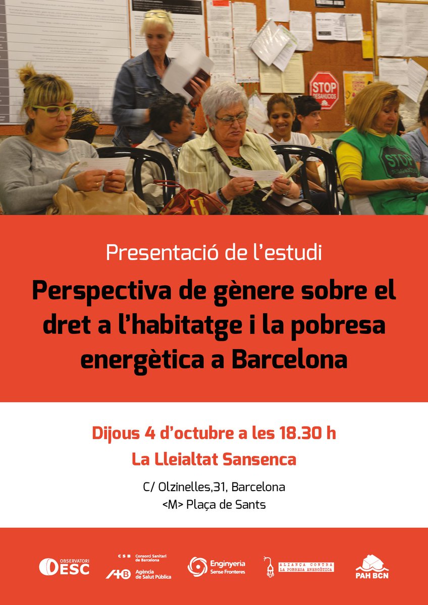 Reserveu la data! El pròxim 4/10 presentem l'informe ''Perspectiva de #gènere sobre el dret a l'#Habitatge i la #PobresaEnergètica a Barcelona'' elaborat conjuntament amb @ObservaDESC <a href="/APE_Cat/">Aliança contra la Pobresa Energètica</a> <a href="/PAH_BCN/">PAH Barcelona</a> i @salutpublicabcn

📆 4 Octubre 
🕔 18.30 h 
📍 <a href="/Lleialtat/">Lleialtat Santsenca</a> 

Us hi esperem ☺