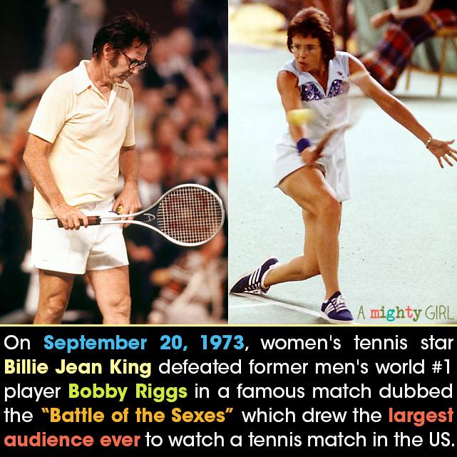 A Mighty Girl on X: #OnThisDay in 1973, @BillieJeanKing defeated Bobby  Riggs in the famous Battle of the Sexes tennis match. King would go on to  found @WomensSportsFdn, which is dedicated to