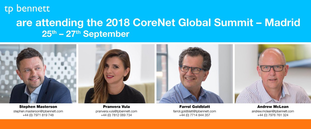 Pharrol's tweet photo. The 4 of us are heading to CoreNet Madrid next week Please get in touch if you around for a catch up #corenetmadrid #tpbennett @tpbennettllp https://t.co/dgjTkrWIJi