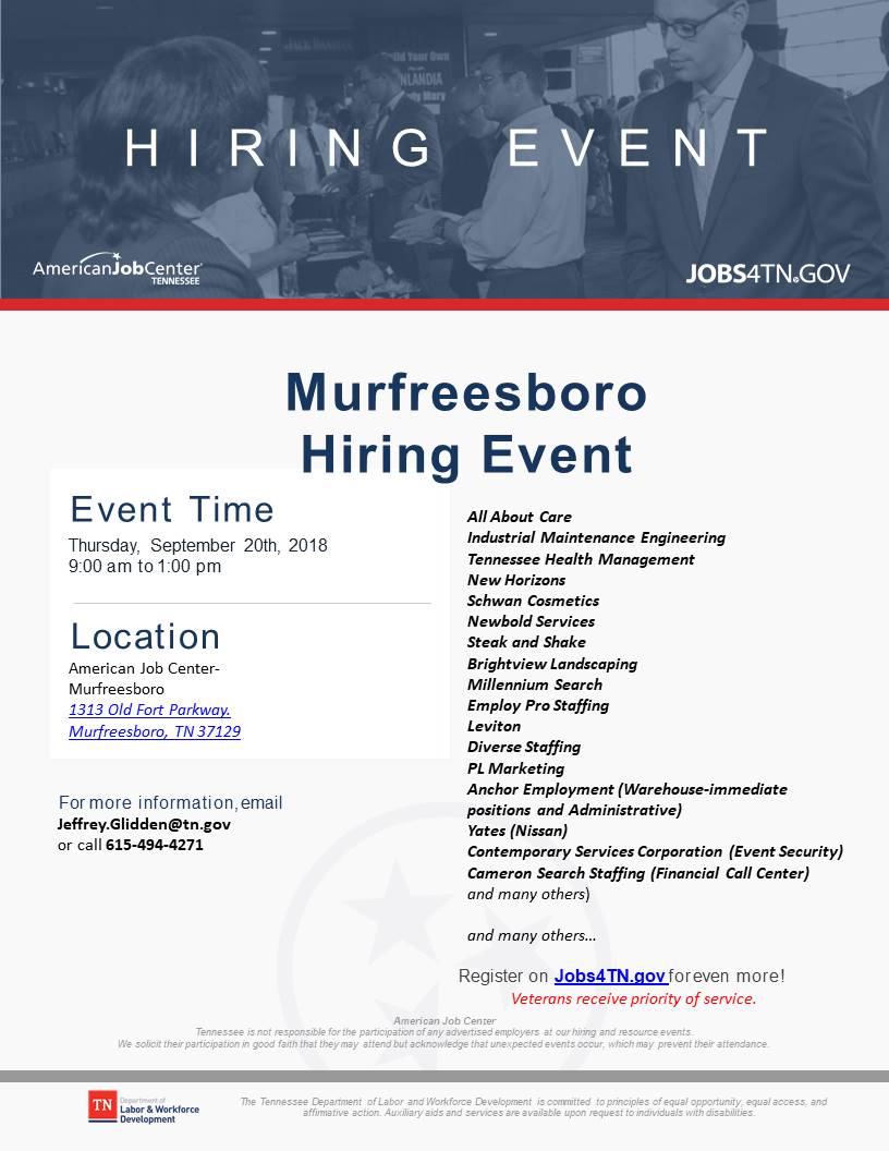 AJCofMidTN's tweet photo. Join us TODAY at the #Murfreesboro location from 9am - 1pm for a #HiringEvent. Top employers include: @SteaknShake, @NissanUSA, and #EventSecurity. Stop by to launch your next career! https://t.co/Z0q9EkjoS2