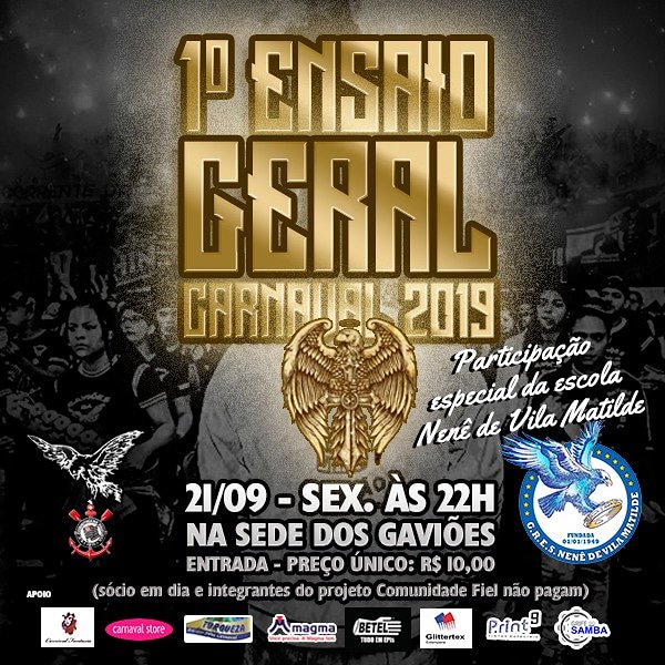 VINILUCIO's tweet photo. PARTICIPE DO 1º ENSAIO GERAL DO CARNAVAL 2019

Nesta sexta-feira (21), a partir das 22h, acontece o 1° Ensaio Geral dos Gaviões rumo ao Carnaval 2019 em nossa sede, com a participação especial da nossa coirmã Nenê de Vila Matilde. https://t.co/UYaR80fBPs