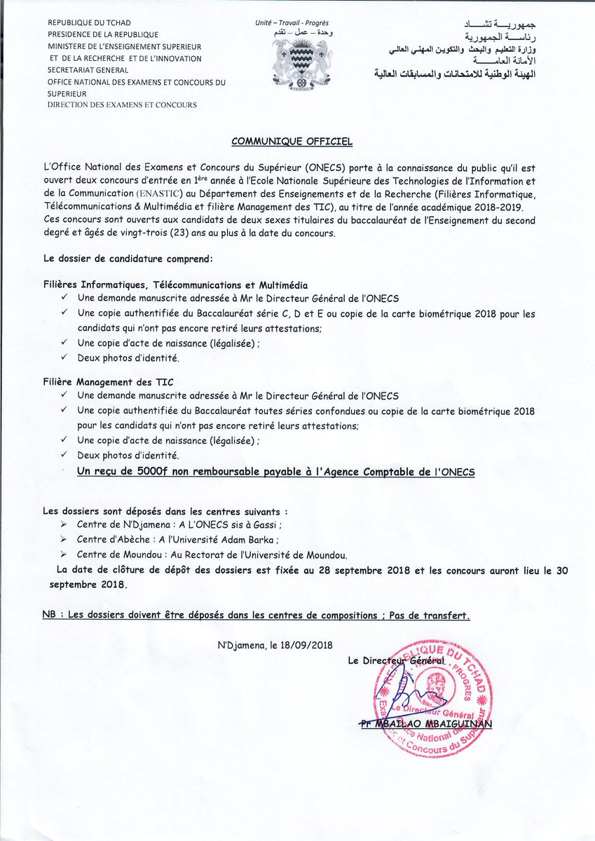 ENASTIC_TCHAD's tweet photo. Communiqué officiel https://t.co/9fm0NWlhYe
