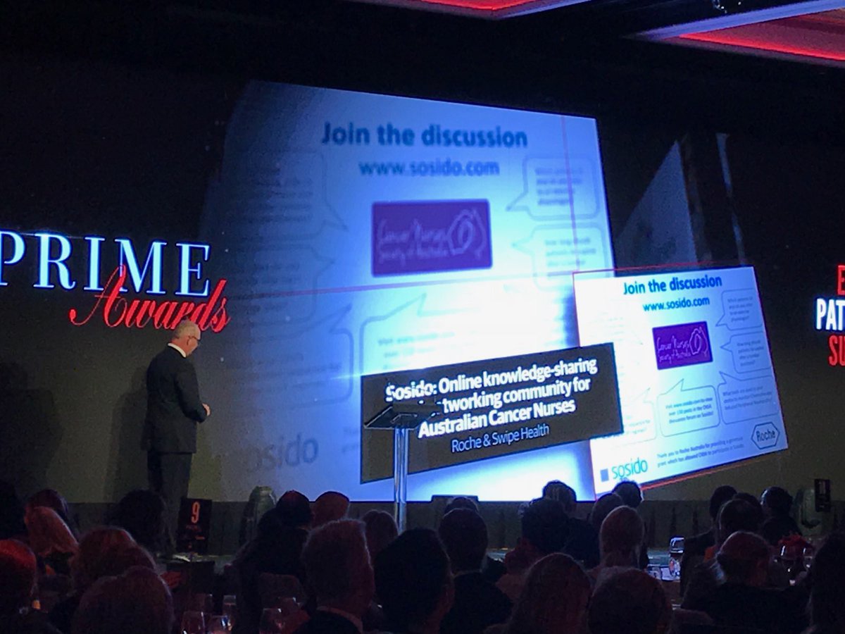 CNSA_ORG's tweet photo. We may not be a winner at tonight's #PrimeAwards however it was great to see the @Sosido: Online knowledge-sharing and networking community platform for Australian Cancer nurses be recognised. @Roche @swipehealth #PrimeAwards #cancer #nurses #jointhediscussion https://t.co/xTbTGeav4B