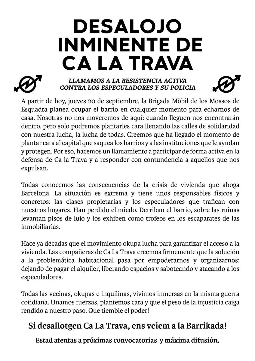 🔥 DESALLOTJAMENT IMMINENT DE CA LA TRAVA🔥 

Fem crida a la resistència activa i a la lluita contra els especuladors i la seva policia!✊🏾 

Estigueu atentxs a properes convocatòries i màxima difusió!