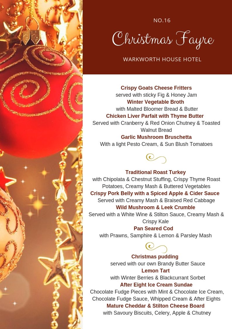 Join us this December and enjoy a delicious freshly prepared Christmas Fayre lunch. We are pleased to be offering this menu from the 1st of December right up until the 23rd. You can choose two courses for £13.95 or sample all three for £18.95. #winter #Christmas #Warkworth #Food