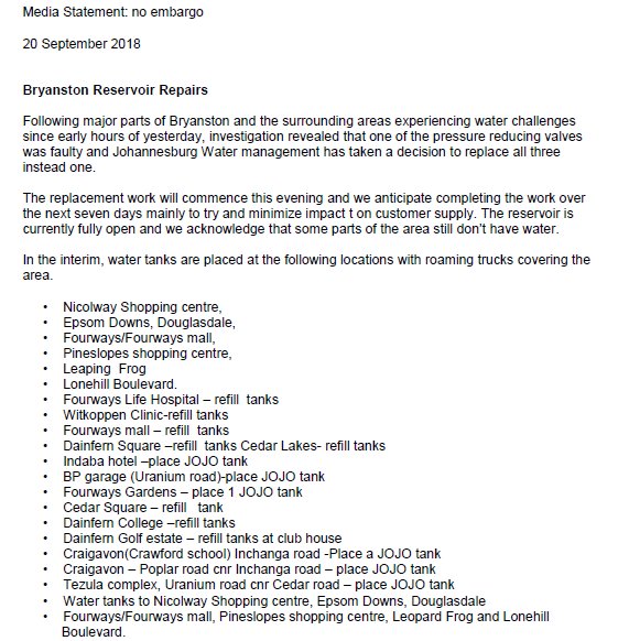 JHBWater's tweet photo. Please find the #BryanstonReservoirRepairs Media statement 👇 👇 👇  ^P https://t.co/Z2bzqIYyPQ