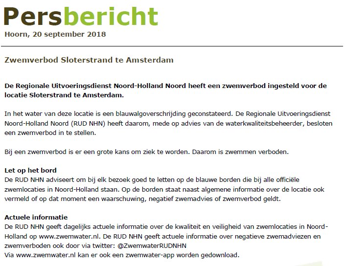 Provincie wijzigt negatief zwemadvies <a href="/Sloterstrand/">Sloterstrand</a> in zwemverbod !