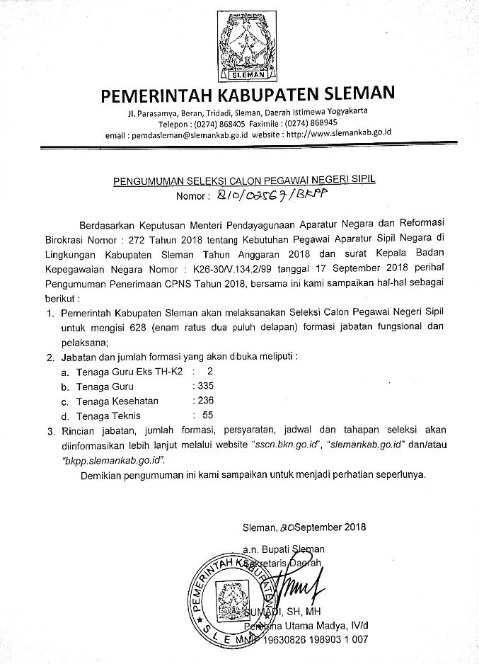 Salam hangat #Slemanis yang ingin bergabung sebagai CPNS Pemkab Sleman, ini informasi resminya nggih. Selanjutnya, pantau info lengkapnya di sscn.bkn.go.id slemankab.go.id bkpp.slemankab.go.id Maturnuwun.