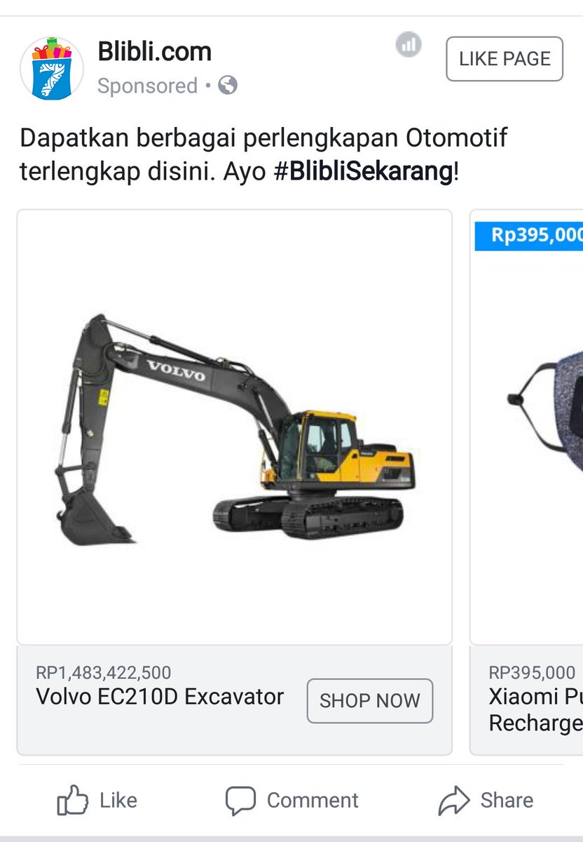 NCLYS's tweet photo. Mungkin menurut Blibli, ada orang yg lagi asik2 scrolling feed FB trus mikir "Wah, beli escavator enak nih!"

... https://t.co/GFTTvEBAgs