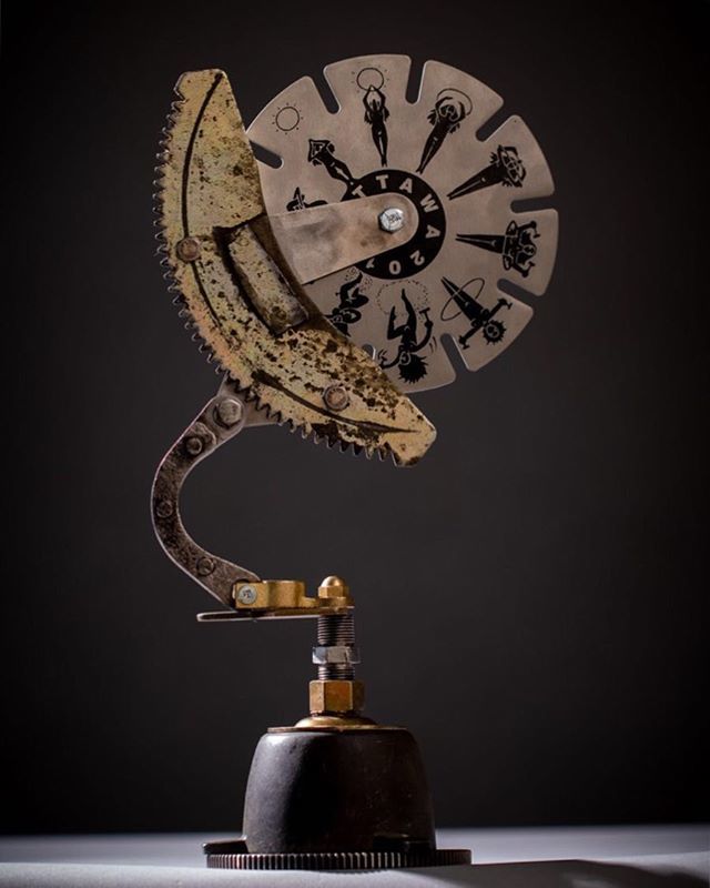 A gear from a donated lathe, an adjustable vice's base, a battery terminal lug, a car window's crank assembly, and some bike brakes are all parts of the next of this years' Ottawa International Animation Festival Award.  This one was lucky enough to pass… ift.tt/2OGZKE7