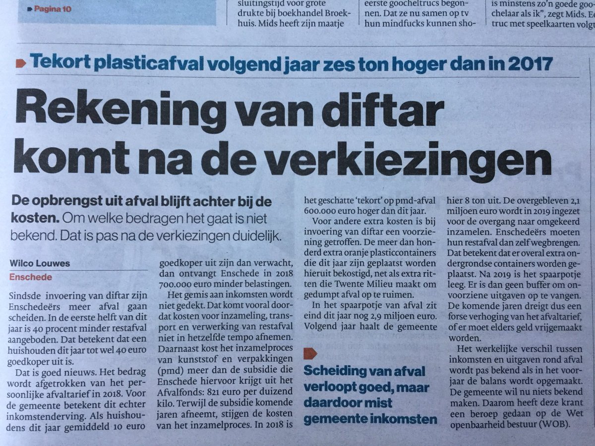 Ondertussen in #Heusden (bit.ly/2xyASat) leidt omgekeerd inzamelen tot stijging afvaltarief. Gek? Nee: het spaarpotje is uiteindelijk leeg. Het zijn dezelfde factoren die ik eind 2017 al bescheef voor #Enschede. Maar dat was ‘onzin’. #diftar