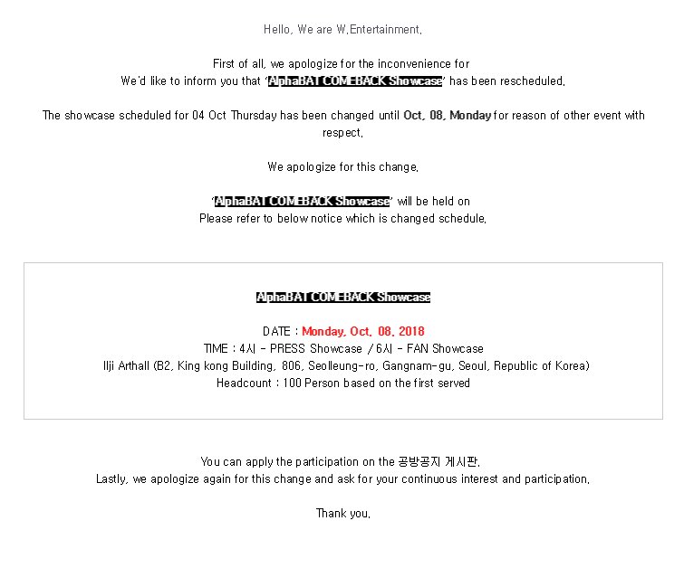 AlphaBAT_APB's tweet photo. #AlphaBAT #알파벳 #COMEBACK

<Notice> AlphaBAT COMEBACK Showcase 

https://t.co/ndwZuwk6Wj https://t.co/ZO7atMa0Dp