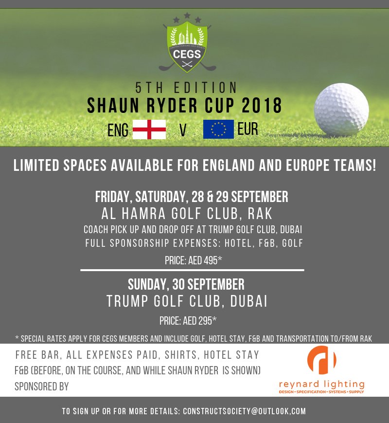 #reynardlighting is  proud sponsor of amazing golf event - Shaun Ryder Cup 2018. We have LIMITED SPACES left for England and Europe team <a href="/AlHamraGolfClub/">Al Hamra Golf Club</a> and <a href="/TrumpGolfDubai/">Trump Dubai</a>. To sign up fill in the form goo.gl/RVJPWK  or email us: constructsociety@outlook.com #Golf