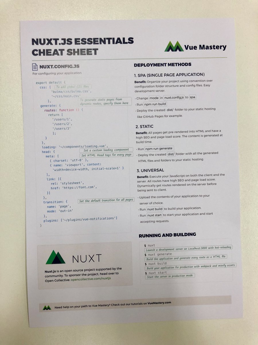nuxt_js's tweet image. Thanks to @VueMastery for making the Nuxt.js cheat sheets! A great help for our workshop in @vue_london 🙌🏻