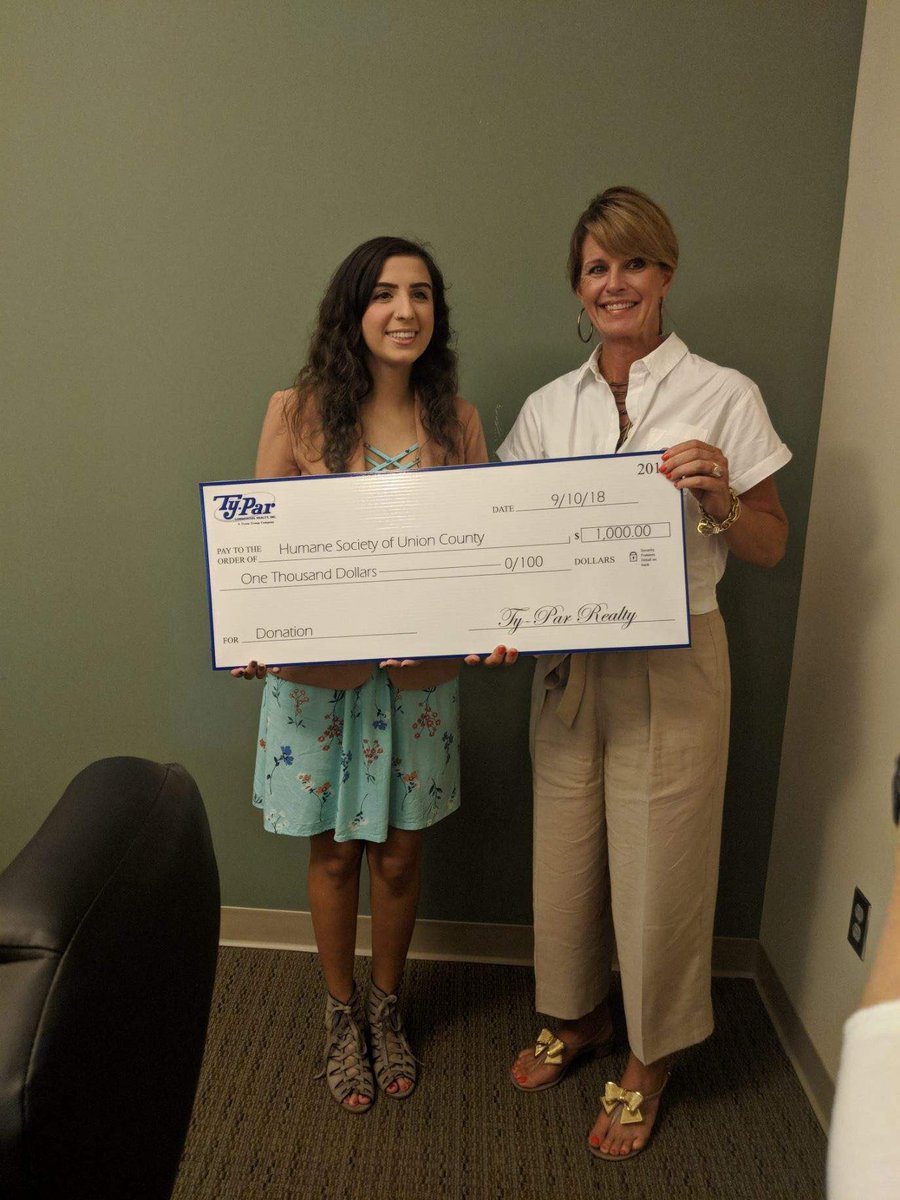 ParRealty's tweet photo. Last week, we at Ty-Par had the pleasure of presenting our donation of $1000 to the Humane Society of Union County! We appreciate and respect all they do to help the animals in our community find the perfect, loving homes. For more info on the HSUC visit https://t.co/FjJfHhNbwU https://t.co/0SVni2FZIx