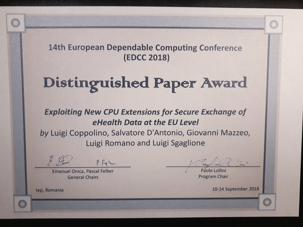 konfidoproject's tweet photo. Last week,Giovanni Mazzeo (@ConsorzioCINI) won the Best Distinguished Paper award 🏆🏆🏆 on a #konfidoproject-related paper entitled “Exploiting New #CPU Extensions for #Secure Exchange of #eHealth Data at the #EU Level” at #EDCC2018 in Romania.

https://t.co/vmwL5bmOjT

#OpenNCP https://t.co/dUGwr36kWe