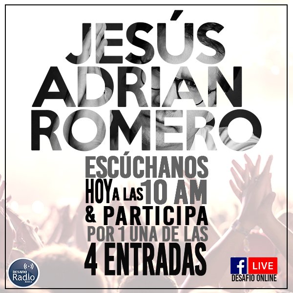 Desafio_Radio's tweet photo. Mañana en #EspecialesDesafio a las 10 AM. participa por 1 de las 4 Entradas para asistir este próximo 22 de Septiembre al concierto de #JesusAdrianRomero en Bogotá.
https://t.co/N8K6uVYTaq https://t.co/u7LynBsTJw