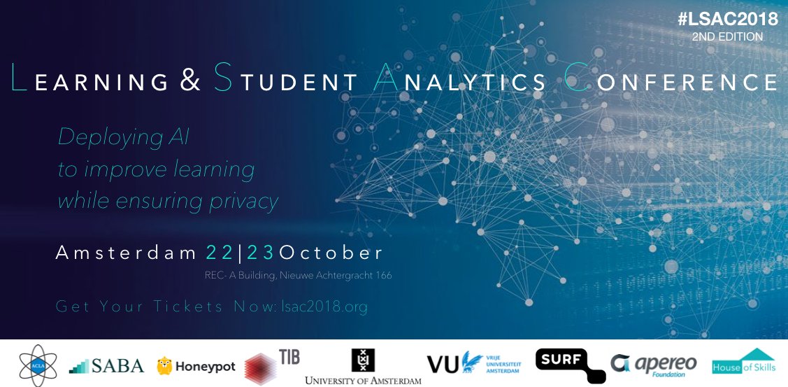 CultRepo's tweet photo. For all #AI enthusiasts! One month to go until #lsac2018 (October 22-25, 2018, Amsterdam), buy a ticket here https://t.co/aFhUhhjnyS! Inspiring speakers, stimulating discussions and practitioner sessions about #learninganalytics. We'll be there too. ;) https://t.co/QJA6wQXS8n