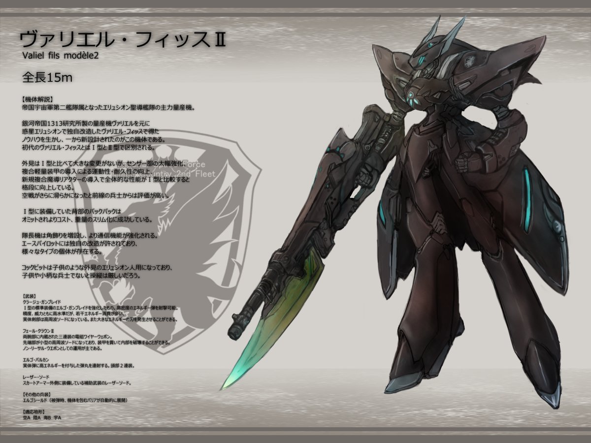 今宵は久々にメカ絵を貼り(〃v〃)ノ
PRWGの頃の作品をリメイクしてみました。
銀河帝国宇宙軍第二艦隊に所属するエリュシオン聖導艦隊のアフター時の主力量産機という位置という設定です!
ヴァリエルのデザインが素敵だったので派生機を色々作ったあの頃が懐かしい…。 