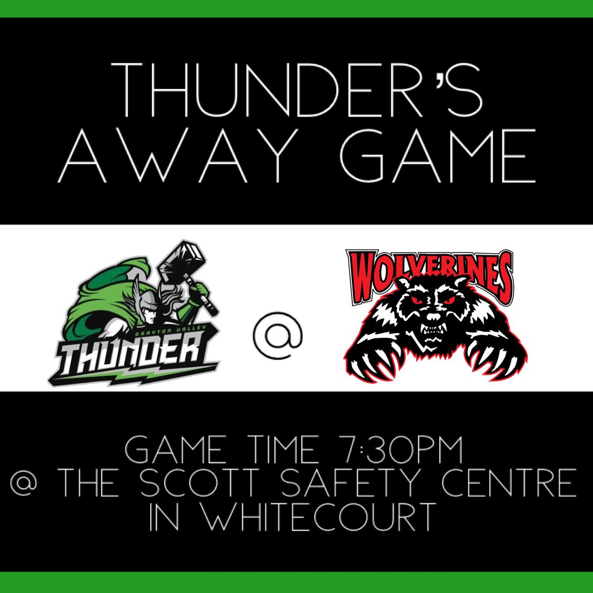 DVThunder's tweet photo. GAME DAY🚨🚨
Thunder hit the road today to Whitecourt to take on the @jr_a_wolverines.
This is the first of 2 games they play against them this week.
Game time is 7:30pm at The Scott Safety Centre
#LetGoThunder
#throwdownthehammer
#AJHL https://t.co/QHRrgpU1Zo