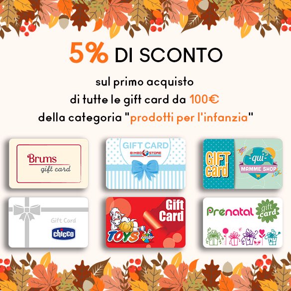 giftiamo's tweet photo. “Pronti Autunno e via!” è la nuova promo di Giftiamo sul primo acquisto di una gift card da 100€ in prodotti per l’infanzia! Usa il codice “autumn18” dal 20/09 al 1/10! Scopri di più su https://t.co/tFmISxtLQ9 #kids #giftcard #giftiamo #chicco #brums #prenatal #toyscenter #mamma https://t.co/9Xm8hZtSw4