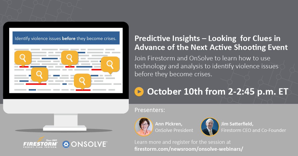 FirestormSol's tweet image. The answer to keeping our employees &amp;amp; others safe lies in prevention. It&apos;s the job of every leader to try &amp;amp; prevent acts of #violence. Learn how on 10/10 @ 2pmET during our #webinar w/ @OnSolve.

Register here: firestorm.com/newsroom/onsol…
#CrisisCommunication #NoFeeWebinar