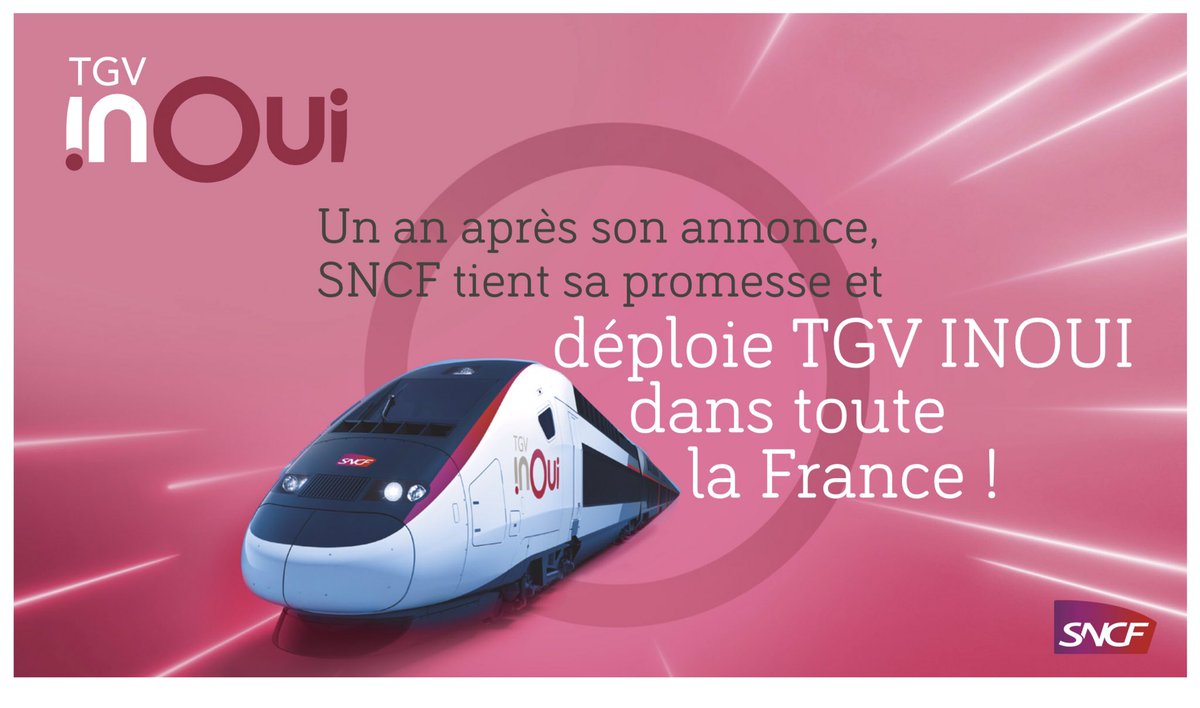 [CP] TGV devient #TGVINOUI.
Un an après avoir annoncé son intention de proposer le meilleur du voyage à grande vitesse, <a href="/SNCF/">❌</a> tient aujourd’hui son pari et déploie <a href="/TGVINOUI/">TGV INOUI</a> dans toute la France jusqu’en 2020.

Communiqué de Presse: 
🔗 sn.cf/p-tgvinoui