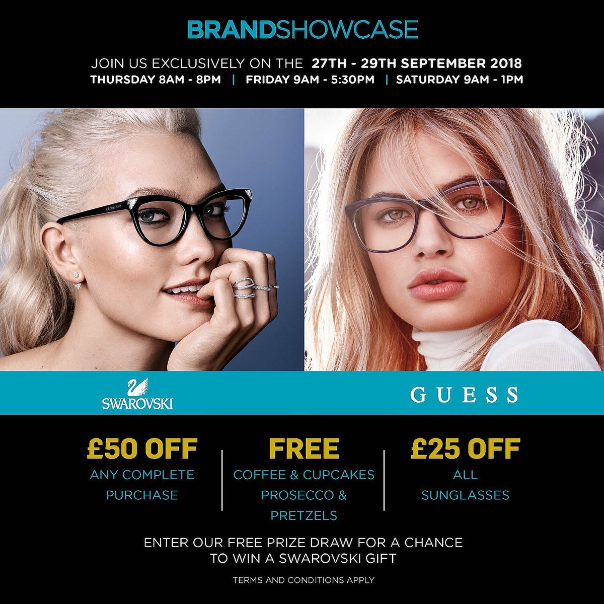 ONE WEEK TODAY til our Brand Showcase at our Standish Practice!
We will have the FULL collection of Swarovski and Guess frames in store, aswell as FREE coffee &amp; cupcakes and prosecco &amp; pretzels!
Special offers include £50 off any complete purchase and £25 off sunglasses.