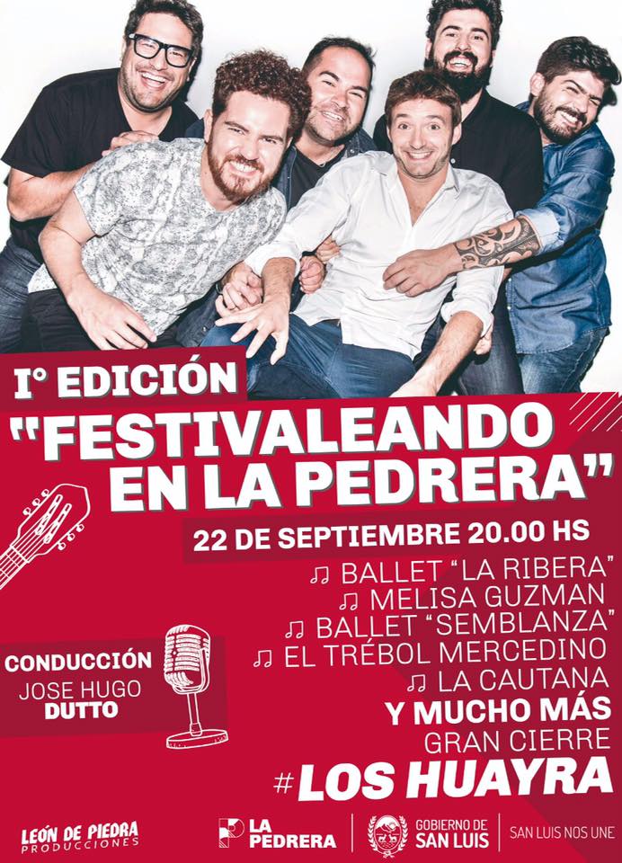 Los Huayra en la 1º edición de "Festivaleando en #LaPedrera", junto a muchos artistas invitados, este 22 de Septiembre. ¡IMPERDIBLE!
Conseguí tu ENTRADA en:
VILLA MERCEDES: Morrison (Lavalle 433) y en el <a href="/ParqueLaPedrera/">Parque La Pedrera</a> (Ruta Costanera Sur 475)
ONLINE: leondepiedraproducciones.com