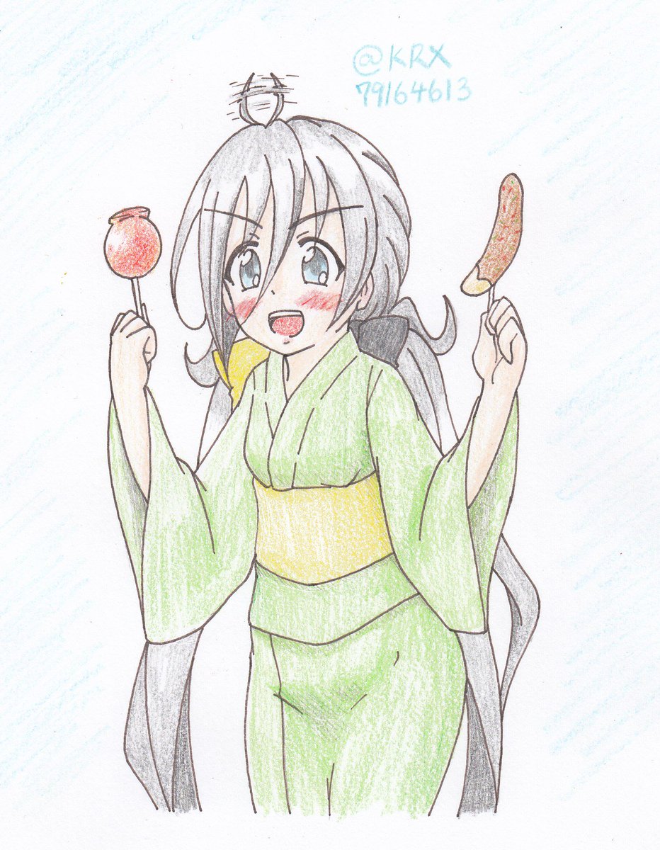 kiyoshimo (kancolle) 1girl kimono japanese clothes food grey hair green kimono long hair  illustration images