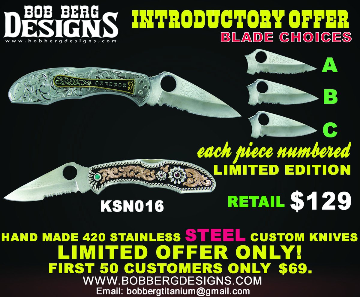 bobbergdesigns's tweet photo. BOB BERG CUSTOM KNIVES
INTRODUCTORY OFFER
🔥Get it now: https://t.co/xa5wZUI1yU
Contact us: bobbergtitanium@gmail.com
#customknives #trophyknives #bobbergdesigns #bobberg #engravingknives #knives https://t.co/W8lsvmFU7B