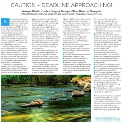 Does your septic tank discharge directly into a watercourse? It must be replaced with a full sewage treatment plant before 1 January 2020. Do read our article on page 61 in Builders Merchants News - ow.ly/iaqE30lTRr5. #HarlequinMFG, #SepticTankRegulations, #Pollution.