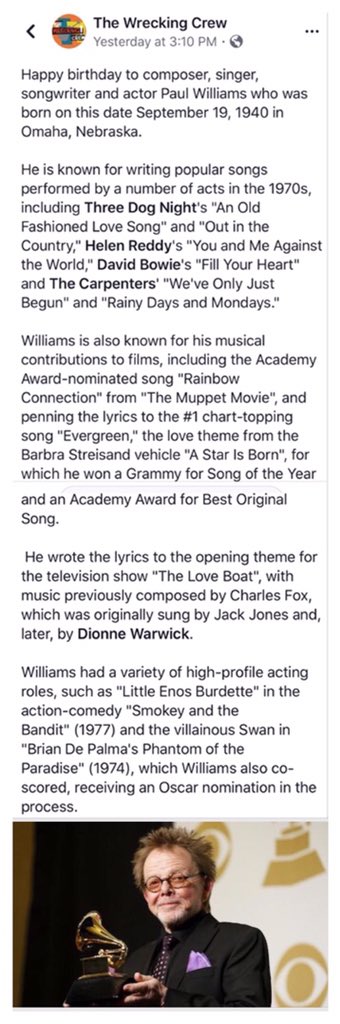 Happy Birthday Paul Williams Sharing this Facebook post from The Wrecking Crew! 