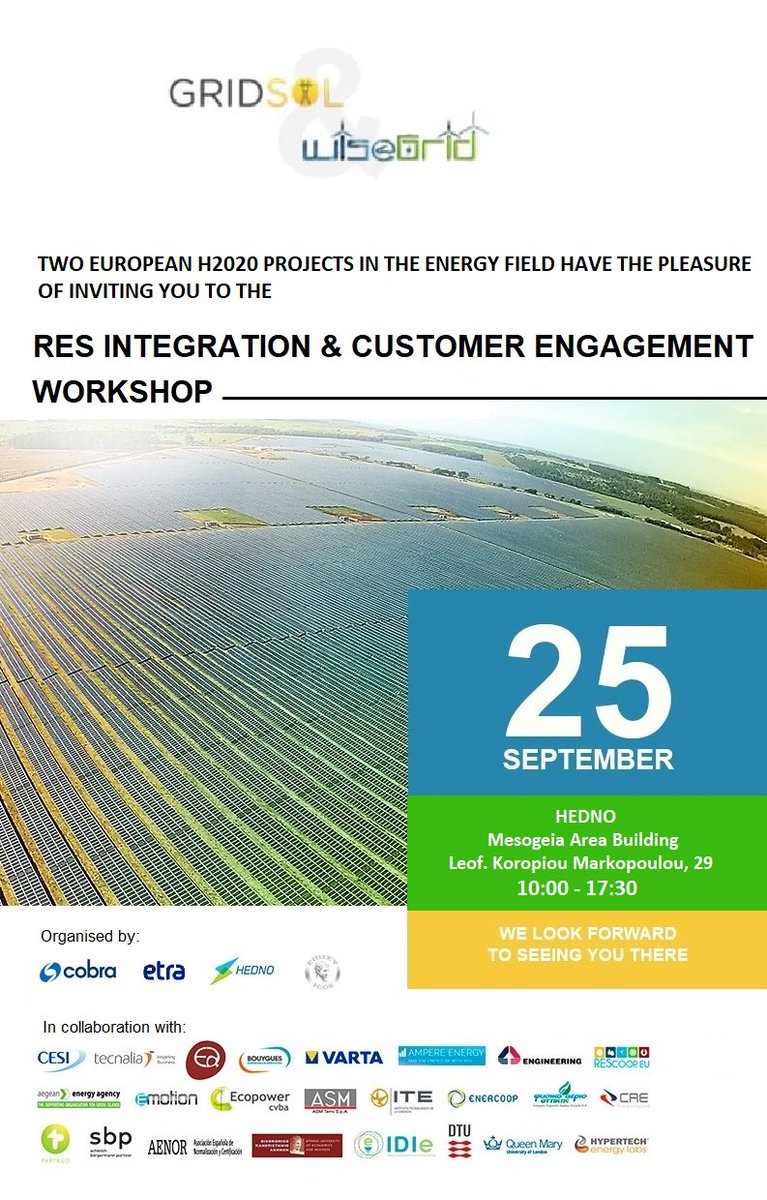 WiseGRID_H2020's tweet photo. 25 September: #WiseGRID and #Gridsol event! Two European projects in the field of #smartgrids funded by @H2020Projects jointly organise an event in the Mesogia area in Greece to give insights and to gather feedback from the local #citizens. #smartsystems #empoweredcitizens https://t.co/XRb862E9kb
