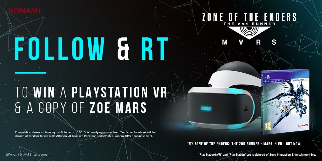 KONAMIUK's tweet image. FOLLOW &amp;amp; RT to #WIN a #PSVR and a copy of #ZOE_MARS! 

Zone of the Enders: The 2nd Runner M∀RS is OUT NOW. 

Get it HERE: bit.ly/ZOE_MARS_UK
