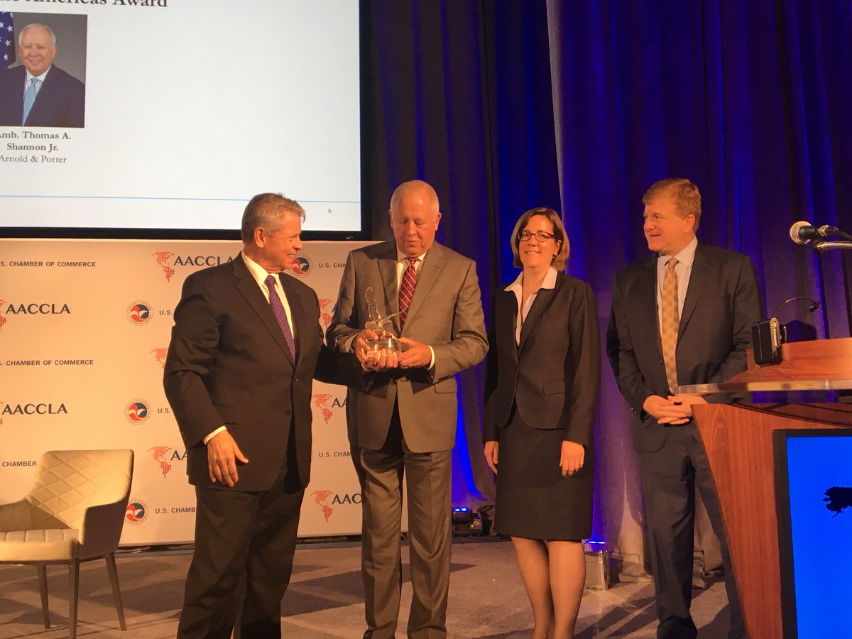 A very special thank you to Ambassador Thomas Shannon, recipient of AACCLA’s Eagle of the Americas Award.  We thank you for your distinguished career of service and commitment to strengthening US diplomatic and commercial engagement throughout the Americas #AACCLA #FOLAC