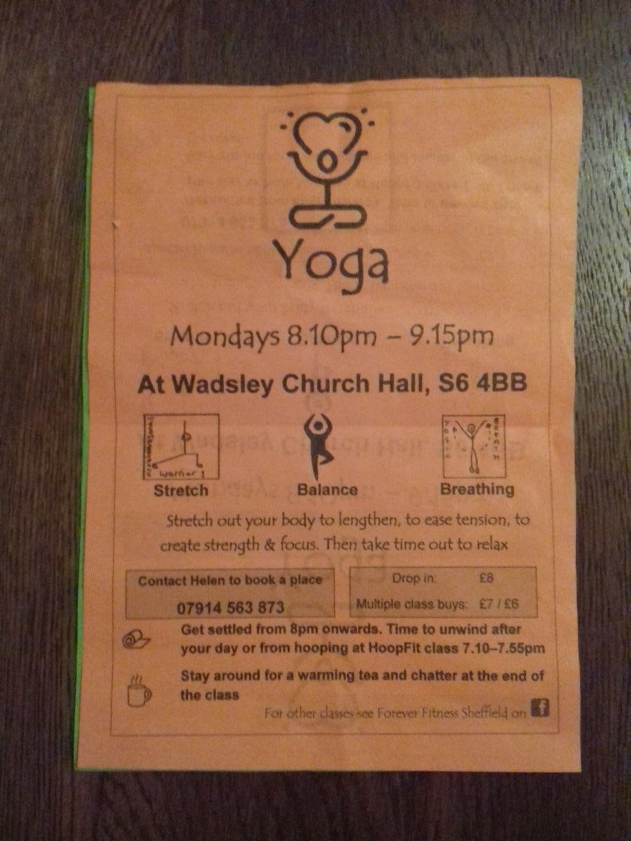 hamillkate64's tweet photo. Great new yoga class at Wadsley Church Hall starting 8th October 8.10pm - 9.15pm
There's also a hula hoop fitness class before it😁. Sounds like fun followed by calm! I can't wait!
#foreverfitness #wadsley #sheffield https://t.co/3nGuzYkpNW