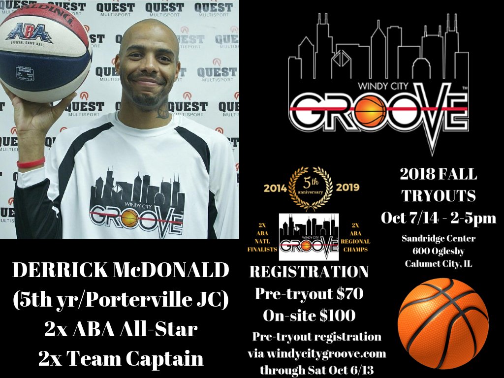 WindyCityGroove's tweet photo. #GrooveTryouts Four years ago, he was a journeyman baller just looking for a consistent  home to continue his dream for pro ball. Today, he is a two-time ABA  All-Star and has been team co-captain for the last two seasons. Be like  Derrick - come tryout for the @WindyCityGroove https://t.co/yE12TEql23